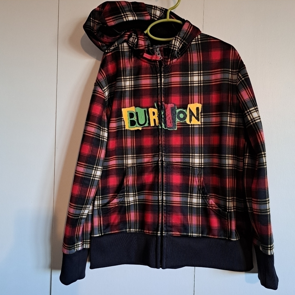 Burton boys size 7/8 jacket plaid zip up hood attacged, micro fleece lined